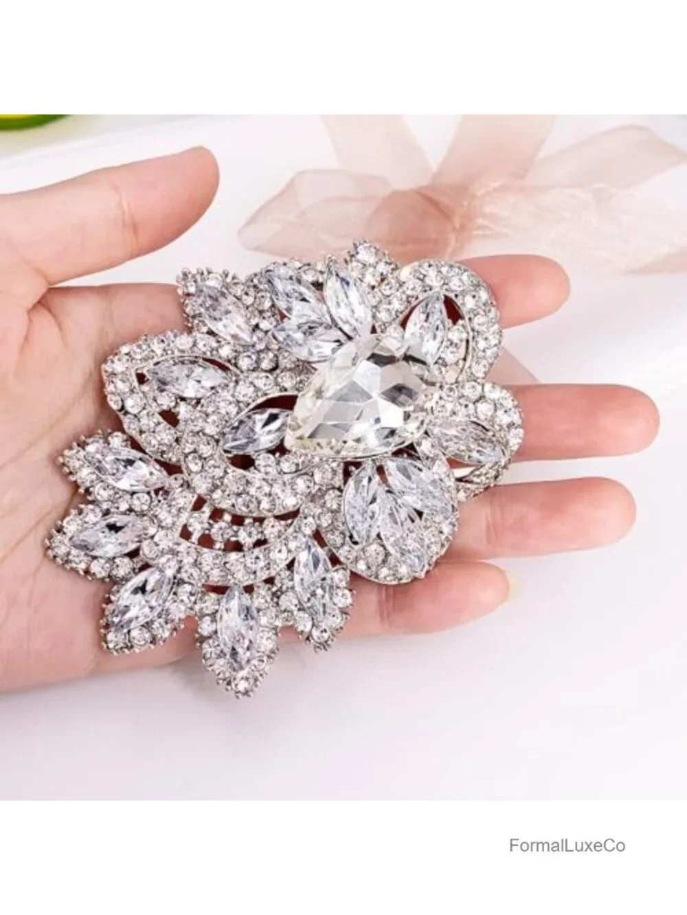 Large Vintage Crystal Flower Teardrop Brooch Gold Tone